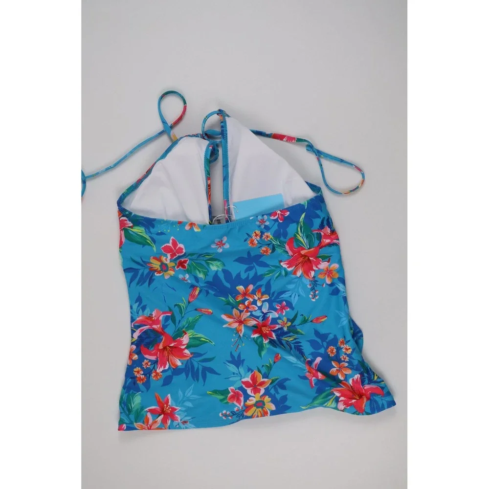 Yonique Tankini Top Halter Floral Blue Tropical Medium NWT
